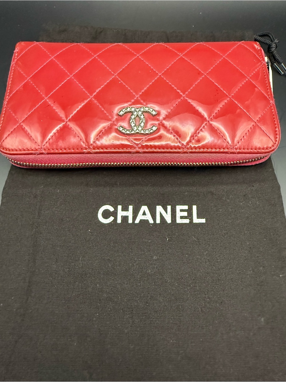 CHANEL Quilted Patent Leather Chain Wallet in Red with Dustbag